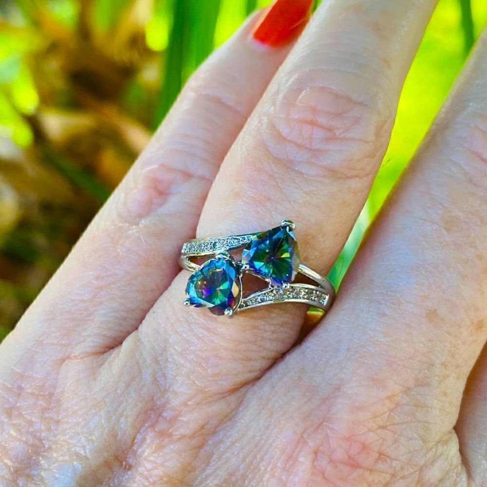Sterling Silver Rainbow Topaz CZ Heart Ring Size 8